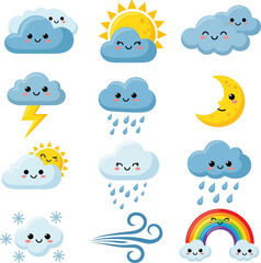 Collection of cute cartoon weather icons featuring sunny clouds rainy clouds lightning moon rainbow and wind