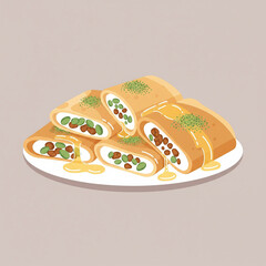Assorted Qatayef Middle Eastern stuffed pancakes, traditional Arabic dessert for Ramadan and Eid, flat lay vector illustration

