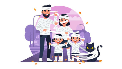 Spooky Halloween Family Fun: a family dressed up as mummies with a black cat dressed up with bandage, embodying spooky fun and festive spirit of Halloween. 