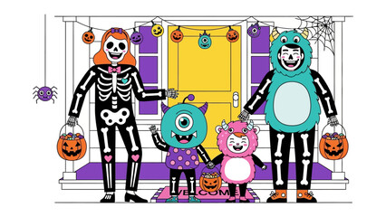 Halloween Family Portrait: A happy family, dressed in vibrant costumes, gathers in front of a decorated door, capturing the playful spirit of Halloween.