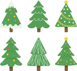 Collection of six stylized cartoon christmas trees with different decorations and snow on white background
