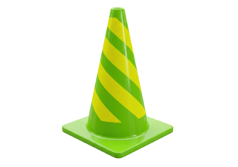 Isolated traffic cone, safety barrier with fluorescent yellow stripes, road caution marker