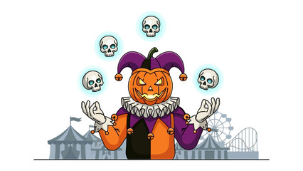 Sinister Carnival: A haunting jack-o'-lantern jester juggles ghostly skulls in a carnival scene, inviting viewers into a realm of eerie thrills and dark delight.