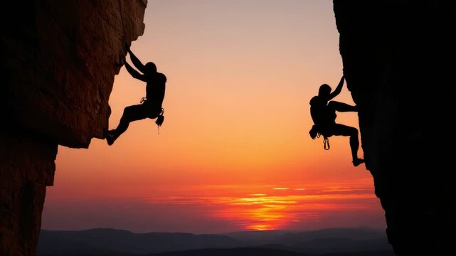 Two climbers scale rugged cliffs against a stunning sunset backdrop, demonstrating the thrill and challenge of outdoor climbing in a breathtaking natural landscape.