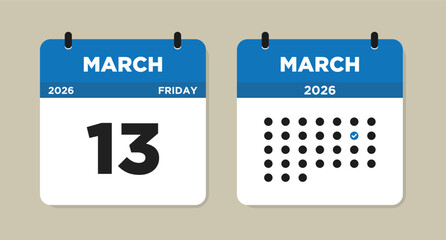 March 13 2026 Friday Calendar Vector Illustration. 13 March calendar page. Day calendar with date March 13. Week Starts on Sunday. Checklist day calendar. Modern Calendar template icon