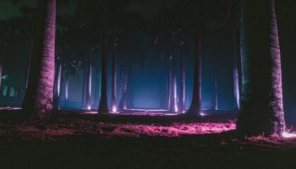Surreal landscape of an enchanted forest at night, where tall trees are illuminated by a mysterious, otherworldly purple glow