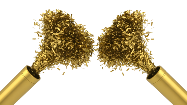 Two golden cannons firing confetti isolated on transparent background