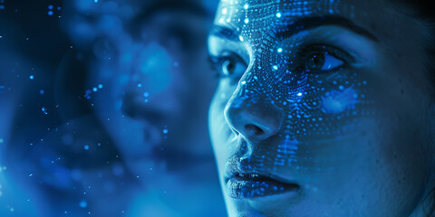 Futuristic face glowing with digital data streams