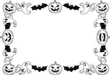 Whimsical Halloween border with pumpkins, ghosts, and bats on white background