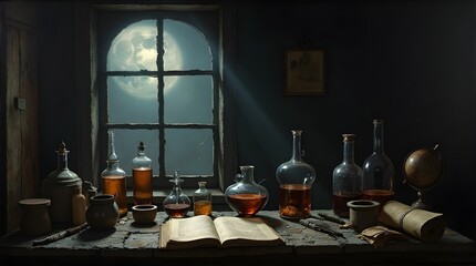 Alchemist's Laboratory at Night with a Full Moon in the Window