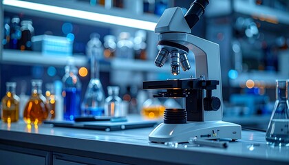 Precision in Progress: Modern Laboratory with Microscope and Colorful Chemical Solutions