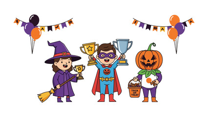 Happy Halloween Celebrations: Adorable children, each in vibrant costumes, holding trophies. They radiate joy, embodying the playful spirit of Halloween festivities with a delightful touch of fantasy.