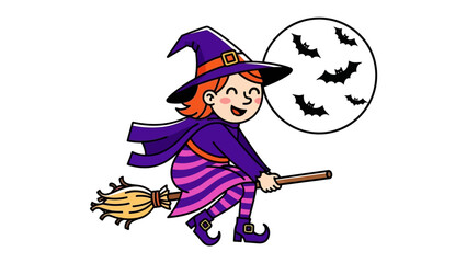 Whimsical Witch's Flight: An illustrated witch, in a pointed hat, joyfully rides a broom against the backdrop of a full moon, surrounded by bats. An enchanting cartoon capturing the magic.