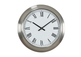 Isolated clock with a silver frame indicating ten ten with Roman numerals showing time
