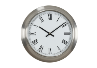 Isolated clock with a silver frame indicating ten ten with Roman numerals showing time