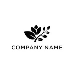 Elegant black silhouette logo featuring a stylized flower and a leafy sprig, isolated on a white background.