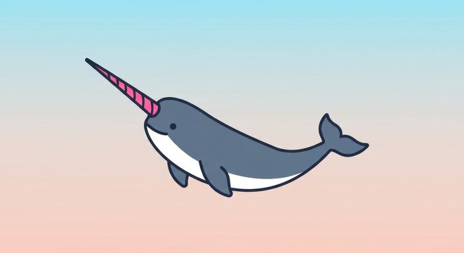 Cute cartoon narwhal with horn on a gradient background