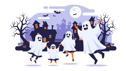 Ghostly Gathering in the Spooky Night: A lively family of ghosts playfully celebrates the Halloween spirit, against the backdrop of haunted houses, bats, and a full moon.