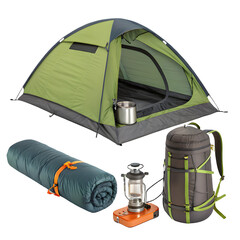 Camping gear including tent sleeping bag backpack and lantern on black background