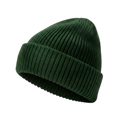 Dark Green Ribbed Knit Winter Beanie Hat on Transparent Background