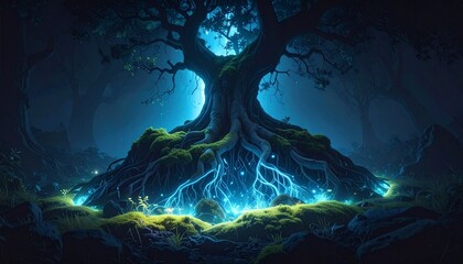 A magical ancient tree whose glowing roots illuminate an enchanted forest with ethereal blue light