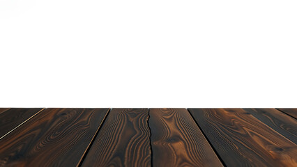 A front view of a dark brown empty wooden table with transparent background serving as a blank wood