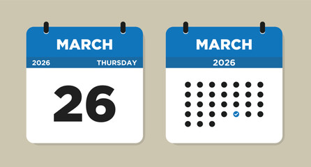 March 26 2026 Thursday Calendar Vector Illustration. 26 March calendar page. Day calendar with date March 26. Week Starts on Sunday. Checklist day calendar. Modern Calendar template icon