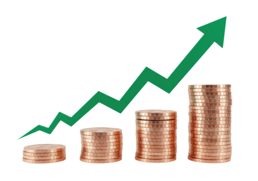 Isolated depiction of coin stacks with a green arrow indicating business growth trend
