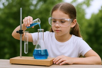 Young Girl Conducts Science Experiment Pouring Blue Liquid into Flask in Outdoor Lab Setting