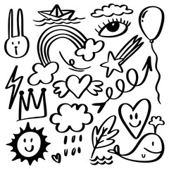 Playful collection of doodle illustrations in black and white featuring rainbow, whale, heart with wings, crown, eye, shooting star, balloon, bunny face, sun, clouds, rain, lightning, and feather.