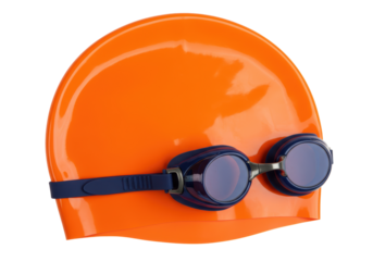 Isolated orange swim cap with dark blue goggles for competitive swimming on display