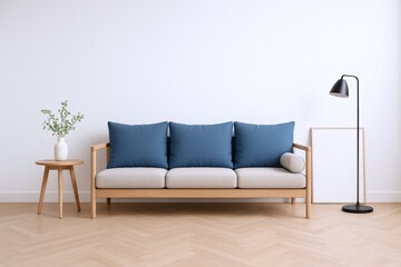 Minimalist Living Room Interior with Sofa, Accent Pillows, Artwork, and Modern Decor for Home Staging