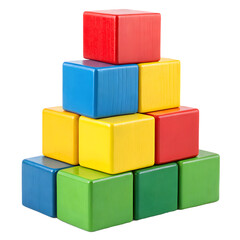 Colorful wooden building blocks stacked in a pyramid shape on black background