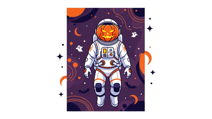 Halloween Astronaut: A whimsical illustration depicts an astronaut with a pumpkin for a head, floating in space, encircled by celestial elements and ghostly figures.