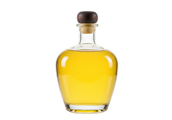 Isolated bottle of fine yellow liquor or liqueur with cork stopper on clean backdrop
