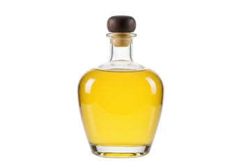 Isolated bottle of fine yellow liquor or liqueur with cork stopper on clean backdrop