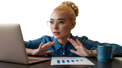 Young woman with blonde afro hair wearing glasses and blue shirt, working on a laptop with charts and a mug on the table, isolated on transparent background