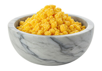 Isolated bowl of crumbly yellow confection, wax, crumble, ingredient ready for use, food item