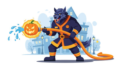 Halloween Werewolf Firefighter: A fierce werewolf, embodying both terror and bravery, commands a hose that spews water onto a jack-o'-lantern, set against a spooky Halloween backdrop.