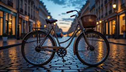 Fototapeta premium Vintage Bicycle Resting on Cobblestone Street at Dusk, Illuminated by Streetlights