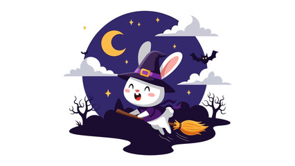 Rabbit Witch's Halloween Ride: A playful illustration of a rabbit dressed as a witch, soaring on a broomstick under the Halloween night sky.