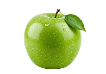 Isolated green apple with leaf and water droplets, perfect for healthy food concepts