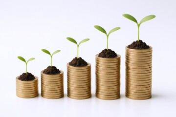 Growing Investment Concept: Seedlings Sprouting from Stacks of Coins, Representing Financial Growth and Success