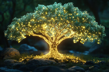 A lighted tree with festive lights.