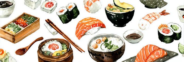 Vector illustration, Various Japanese foods cuisine. Watercolor painting, banner.