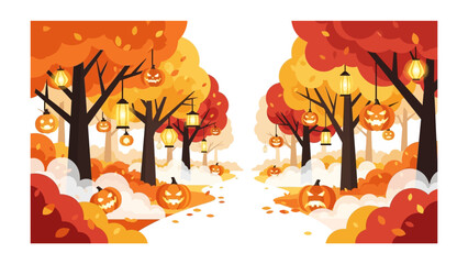 Halloween Festive Forest Scene: Animated illustration depicts a spooky Halloween scene, trees with carved pumpkin lanterns, inviting a sense of autumnal festivities and eerie wonder.
