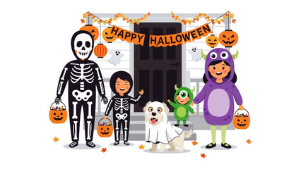 Spooky Halloween Gathering: A family and their pet, joyfully dressed in costumes, gather in front of a decorated house, the scene encapsulates the festive spirit of Halloween.