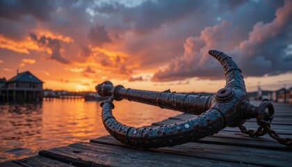 Sunset Harbor Rusty Anchor on Wooden Dock