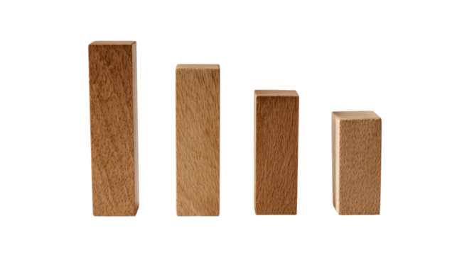 Four light brown wooden blocks of varying heights, arranged horizontally