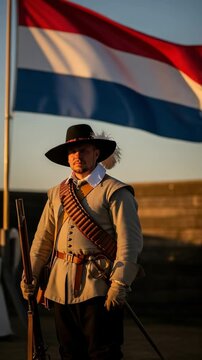 Portrait of a 17th Century Dutch Musketeer Soldier Standing Guard with a Musket in front of the Netherlands Flag at Sunset.